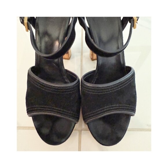 GUCCI DANIELLE BLACK SUEDE PLATFORM HEELS SANDALS 37.5 US 8.5 - Picture 11 of 12